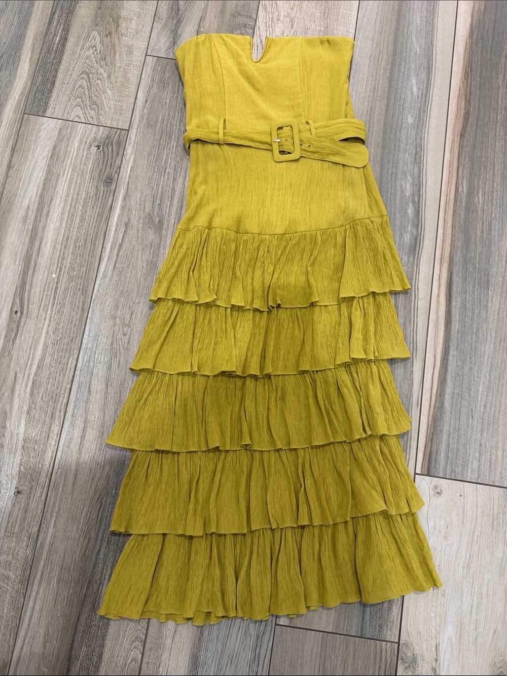 Strapless Tiered Ruffle Midi Dress in Mustard Yellow/chartreuse